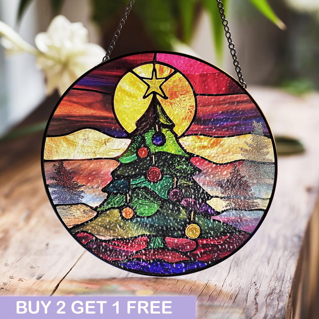 Vibrant Christmas Tree Stained Glass Suncatcher - Colorful Holiday ...