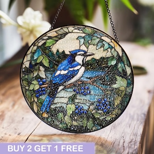 Panneau de vitrail geai bleu, décoration ronde de fenêtre naturelle pour la maison