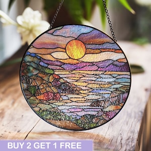 Stained Glass Sunset Ocean View Suncatcher – Coastal Landscape Window Hanging Art with Vibrant Colors
