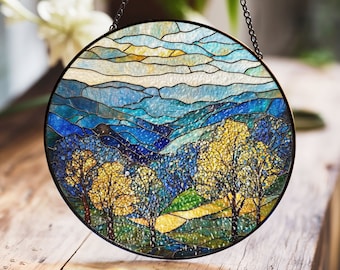Scenic Stained Glass Landscape Panel with Vibrant Trees and Rolling Hills – Ideal Nature-Inspired Home Decor