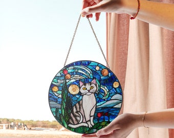 Stained Glass Cat Suncatcher – Starry Night-Inspired Window Decor for Art and Cat Lovers