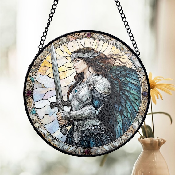 Valkyrie Warrior Stained Glass Suncatcher, Sword Wings Window Art