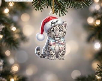 Custom Adorable Baby Snow Leopard Santa Cap Festive Bow Bauble, Cute Wildlife Animal Keepsake Pendant, Gift for Granddaughter