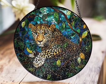 ステンドグラスのヒョウ柄サンキャッチャー：手作りの窓飾り - Etsy 日本