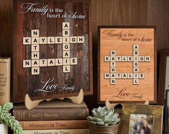 Personalized Family Name Scrabble Frame, Custom Crossword Name Sign, Family is the Heart of a Home, Housewarming Gift Decor