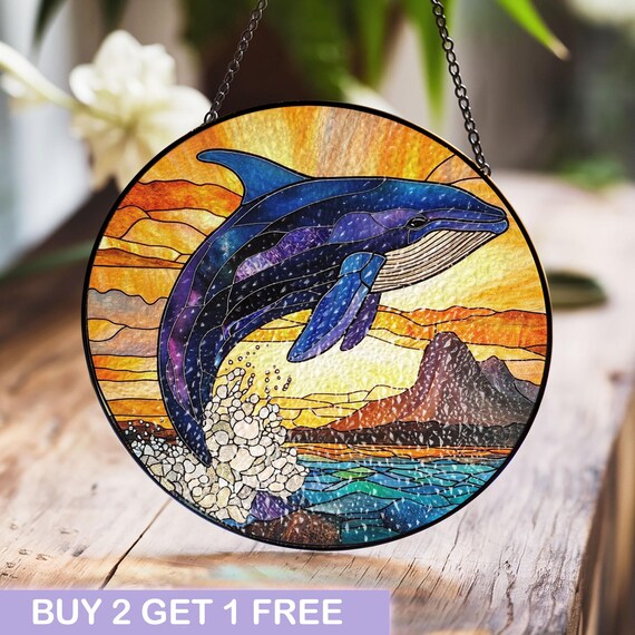 Dolphin Stained Glass Window Hanging - Vibrant Ocean Sunset Art