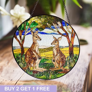 Kangaroo Duo Stained Glass Window Panel - Australian Wildlife Decor with Vibrant Outback Scenery