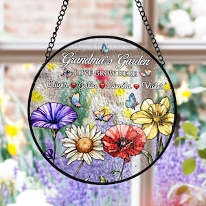 Grandma’s Garden Suncatcher, Personalized Birth Flower Window Decor, Custom Grandkids Names, Mother’s Day Gift, Floral Stained Glass