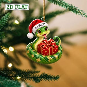 Anpassad presentask med orm och julgransprydnad, söt grön orm-tomtegranskula, personlig julklapp till reptildjursälskare