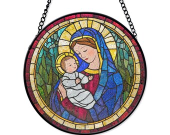 聖母マリアと子供のステンドグラスアート - 家や教会の装飾に最適な
