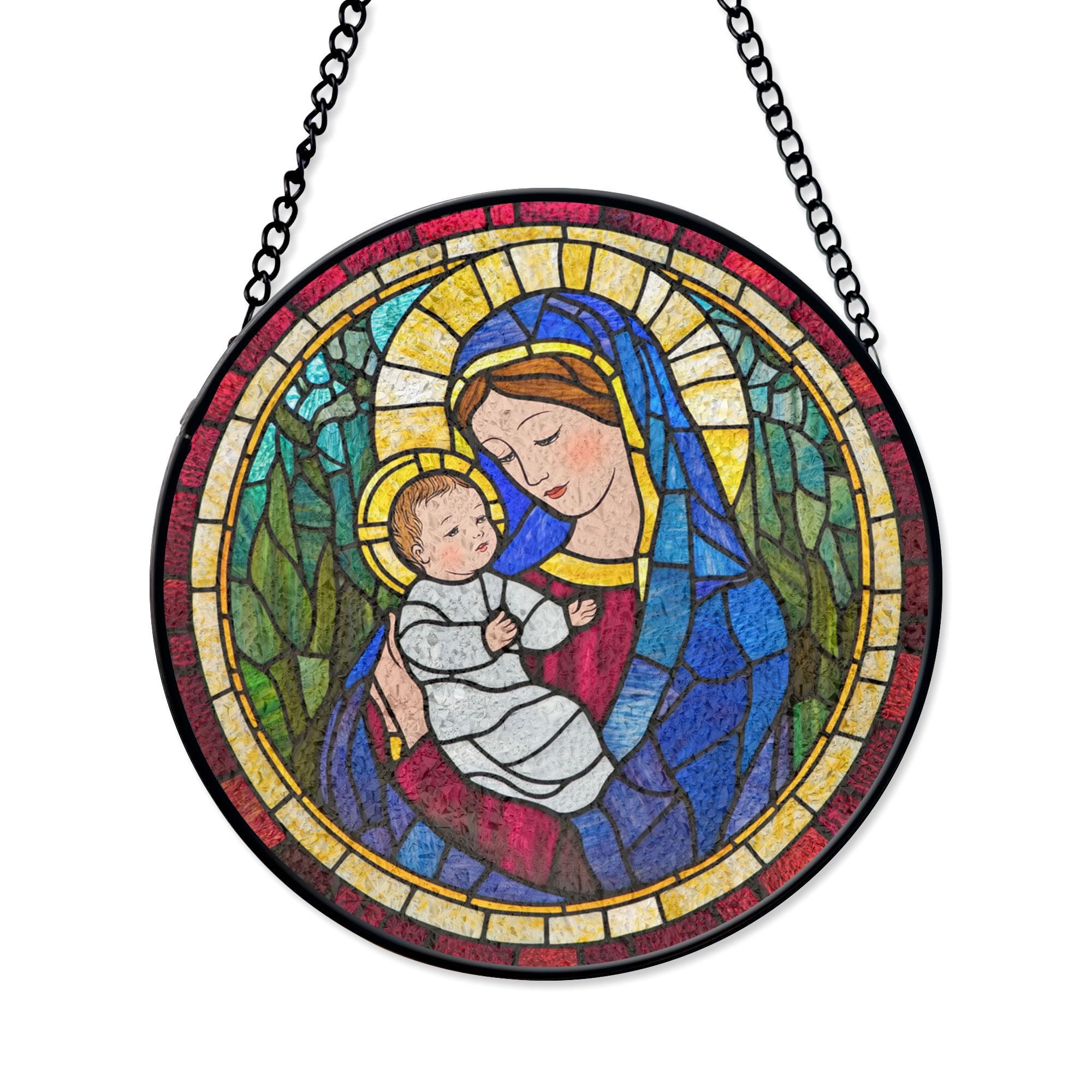聖母マリアと子供のステンドグラスアート - 家や教会の装飾に最適な