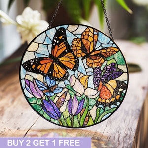 Stained Glass Butterfly Suncatcher – Colorful Floral and Butterfly Window Hanging Art for Nature-Themed Home Decor