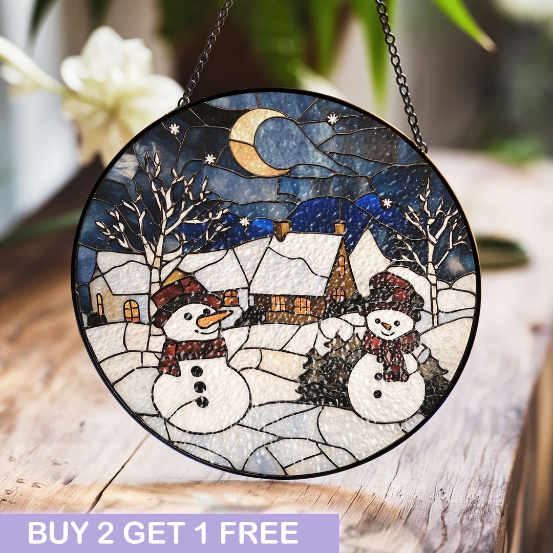 Christmas Landscape Stained Glass Snowman 2024 Suncatcher, Holiday ...