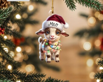 Custom Cute Baby Goat Santa Cap Christmas String Lights Bauble, Adorable Farmhouse Pet Keepsake Pendant, Gift for Kids