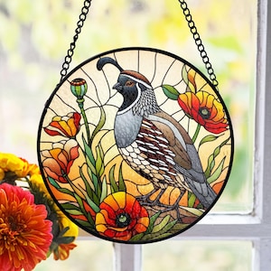 California Quail Stained Glass Suncatcher, Poppy Flower Window Decor, Wild Bird Nature Theme, Nature Lover Gift, Home Accent Gift Idea