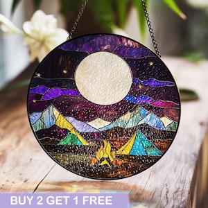 Stunning Moonlit Campfire Scene Stained Glass Art - Mountain and Night Sky Window Panel