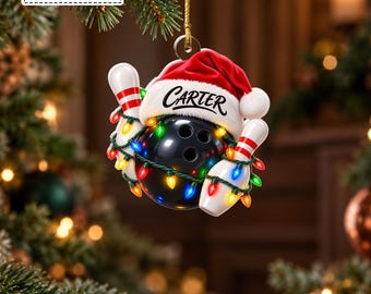 Custom Bowling Ball and Pins Santa Hat Festive String Lights Bauble, Bowler Sports Player Keepsake Pendant, Gift for Son