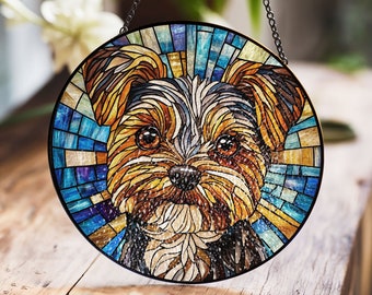 Gebrandschilderd glaspaneel Yorkshire Terrier – schattig hondenkunstdecor met felle kleuren, perfect cadeau voor liefhebbers van Yorkie