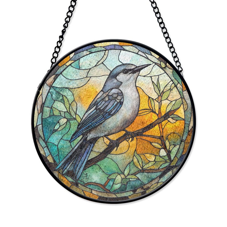 Mocking Window Mockingbird Stained Glass Window Panel With Vibrant Yellow and Green ...