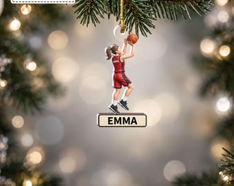 Custom Red Jersey Female Basketball Player Layup Action Bauble, High School College Basketball Athlete Keepsake Pendant, Gift for Bestie