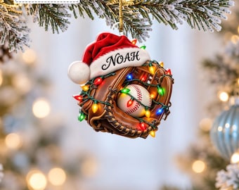 Custom Baseball Ball in Leather Glove Santa Hat Lights Bauble, Athlete Sports Player Keepsake Pendant, Gift for Nephew