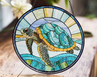 Turtle Stained Glass Suncatcher, Ocean Themed Window Hanging, Nature Decor, Beach Lover Gift, Colorful Sea Turtle Art