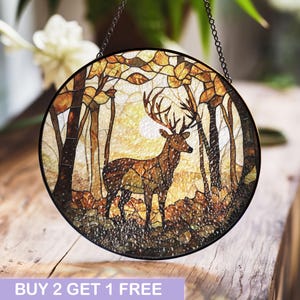 Majestic Deer Stained Glass Window Panel with Autumn Forest Scene and Sunset for Nature Lovers and Rustic Home Decor