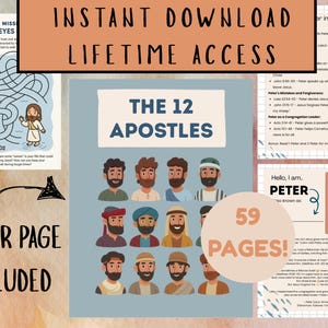 May include: A digital download featuring a cover page and 59 pages. The cover page includes the text "The 12 Apostles" with illustrations of the apostles. The image also includes a maze and text that says "Keep Your Eyes".
