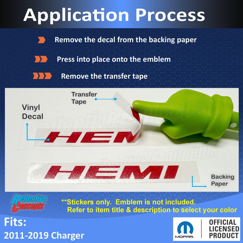 May include: Image showing the application process for a red "HEMI" vinyl decal. The steps include removing the decal from the backing paper, applying it to an emblem, and removing the transfer tape. The image also includes the text "Reflective Concepts" and "Fits: 2011-2019 Charger."