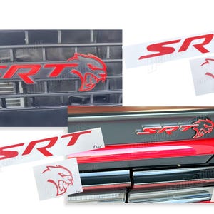 May include: Red SRT logo decals with a red Dodge Challenger emblem. The decals are on a white background and are ready to be applied to a car.