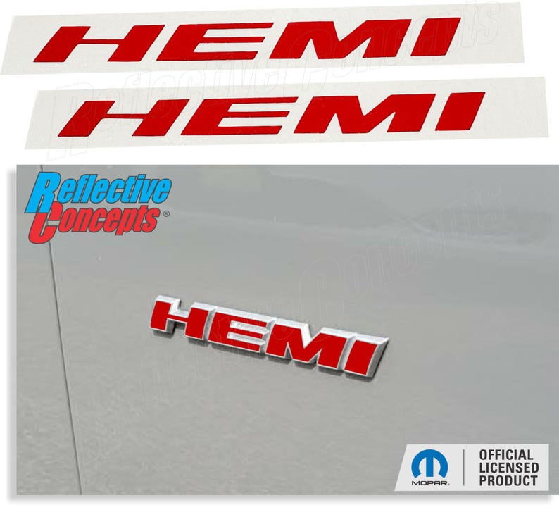 May include: Red "HEMI" decals and emblem. The decals are on a white background. The emblem is on a silver vehicle surface. The image also includes the "Reflective Concepts" logo and the Mopar official licensed product logo.