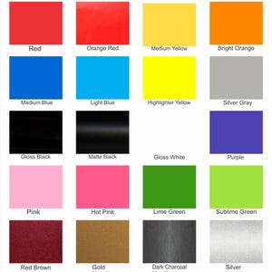 May include: A color chart displaying various non-reflective colors. The chart includes red, orange, yellow, blue, green, pink, purple, gray, black, white, and metallic shades like gold and silver. Text at the top reads "Regular Colors NOT Reflective."