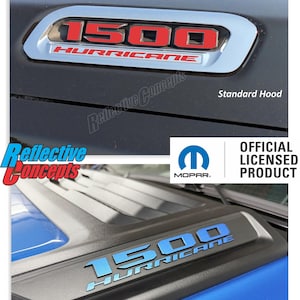 May include: Close-up of a car hood emblem with the text "1500 HURRICANE" in red. The emblem is set in a chrome frame. The bottom image shows a similar emblem in blue with the text "Sport Performance Hood". The image includes the MOPAR official licensed product logo.