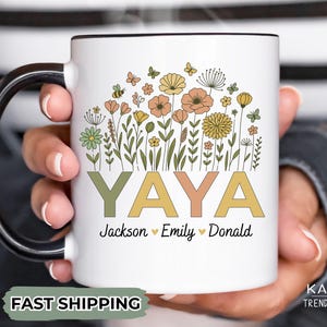 Personalized Yaya Mug with Grandkids&#39; Names – Custom Wildflower Grandma Gift, Mother&#39;s Day Coffee Cup, Boho Floral Birthday Mug for Yaya