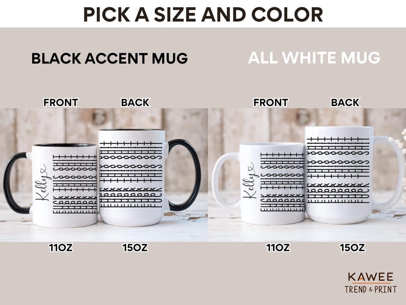 May include: Two mugs with a musical note design. The mug on the left has a black handle and rim, while the mug on the right has a white handle and rim. Both mugs are available in 11oz and 15oz sizes.