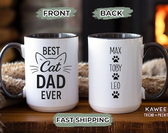Best Cat Dad Ever Mug – Personalized Cat Dad Coffee Cup, Custom Cat Names Gift for Cat Lovers, Father's Day Cat Dad Mug, Pet Owner Gift