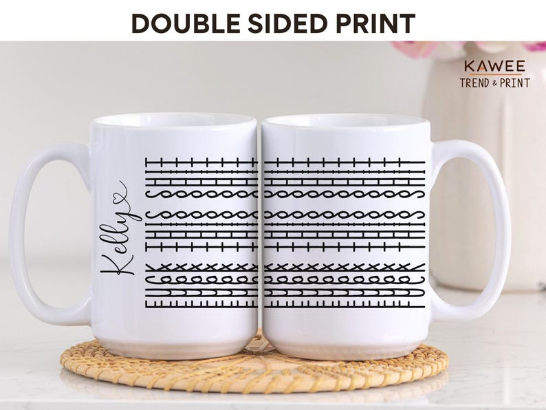 May include: White ceramic mug with a black design of various sewing stitches on one side and the name "Kelly" on the other side. The mug is a double-sided print.