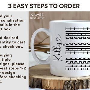 May include: White ceramic mug with a black design of various sewing stitches and the name "Kellye" written in cursive. The mug is on a wooden surface. The text "3 Easy Steps to Order" is at the top of the image. The text "KAWEE TREND & PRINT" is in the upper right corner of the image.