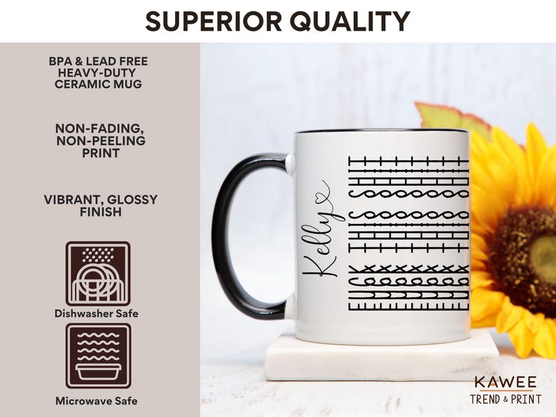 May include: White ceramic mug with a black rim and handle. The mug has a black design of various stitches and the name "Kellye" written on the side. The mug is sitting on a white coaster. The background is a blurry image of a yellow sunflower.