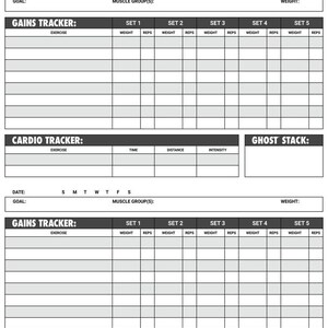 Op de afbeelding: Een zwart-witte printbare workoutlog met secties voor gains tracker, cardio tracker en ghost stack. De log bevat kolommen voor datum, doel, spiergroep, oefening, gewicht, herhalingen, tijd, afstand en intensiteit.