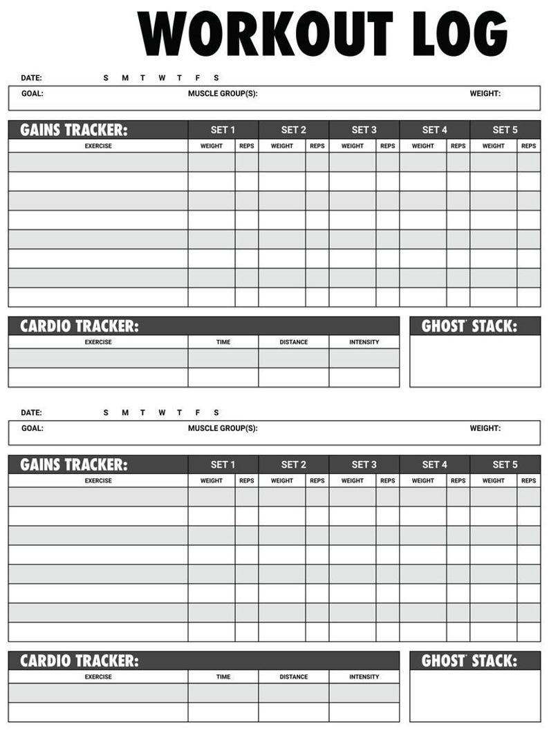 Op de afbeelding: Een zwart-witte printbare workoutlog met secties voor gains tracker, cardio tracker en ghost stack. De log bevat kolommen voor datum, doel, spiergroep, oefening, gewicht, herhalingen, tijd, afstand en intensiteit.