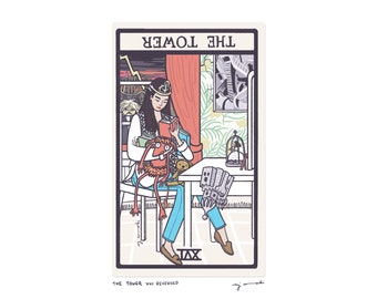 Puede incluir: Una ilustración de carta de tarot que representa La Torre invertida. La carta presenta a una mujer sentada en una mesa con una cortina roja detrás de ella. Ella está sosteniendo un libro y un animal de peluche. El texto "THE TOWER XVI REVERSED" está impreso en la parte inferior de la carta.