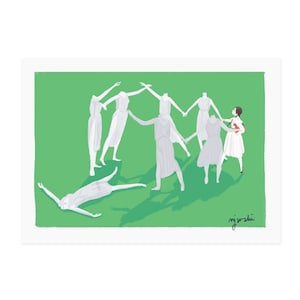 May include: A green background with six white figures in a circle holding hands. One figure is in the centre of the circle and is wearing a red dress. The figures are all facing inwards. The figure in the centre is holding a red object. The figures are all standing on a green field. The word "mj.yoshi" is written in the bottom right corner of the image.