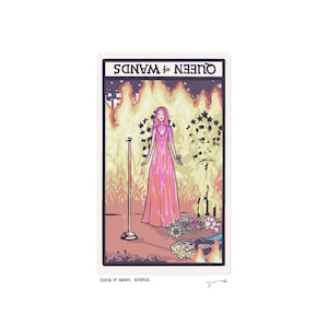 May include: Tarot card illustration of the Queen of Wands reversed. A woman in a pink gown stands before a microphone, with flames and stars in the background. The card is labelled "QUEEN OF WANDS" at the top.