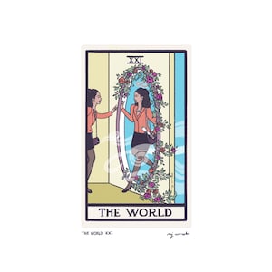 Op de afbeelding: Een tarotkaart-illustratie die de kaart De Wereld voorstelt. De kaart toont een vrouw in een roze shirt en een zwarte rok die door een ronde deur stapt die omlijst is met rozen. De tekst "THE WORLD" staat in vetgedrukte letters onderaan de kaart.