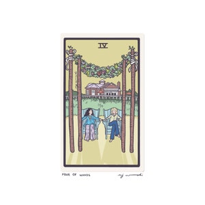 Cuatro de Bastos - Arte de cartas del Tarot - Carta artística cortada a mano montada sobre un soporte de 5x7