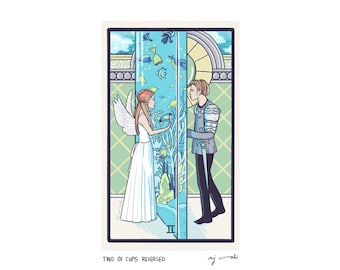 Puede incluir: Ilustración de la carta de tarot Dos de Copas invertida. Una mujer con alas y un hombre con armadura se encuentran en lados opuestos de una pared de vidrio con peces y corales en su interior. El número de la carta II es visible en la parte inferior.