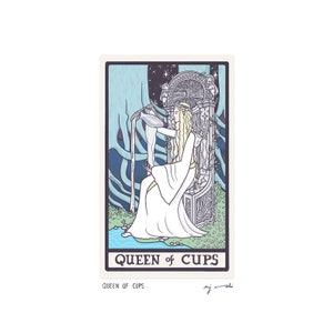 May include: A tarot card illustration of the Queen of Cups. The Queen is depicted as a woman with long blonde hair, wearing a white gown and sitting on a throne. She is pouring water from a cup into a stream. The card is set against a background of trees and stars.