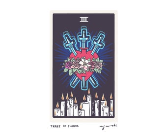 Three of Swords - Tarot Card Art - 5x7 art print, hand-cut and mounted card