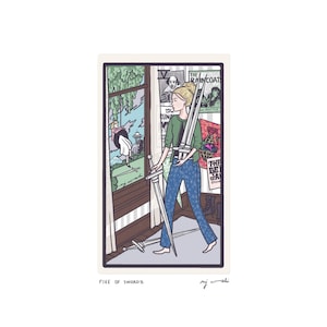 May include: A tarot card illustration depicting a woman holding five swords in a room with a window. The card is titled "Five of Swords" and signed "aj woshi".